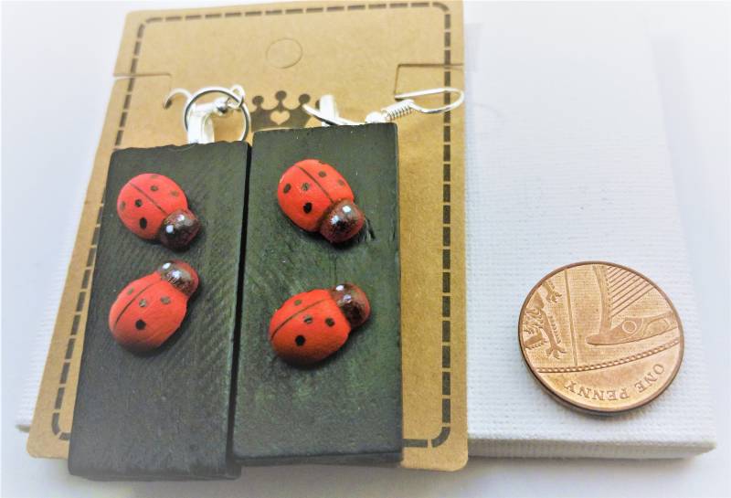 Holz Ohrringe, Rechteckige Ohrringe Marienkäfer, Marienkäfer Rechteck Geschenk von DaisyLinksDesigns