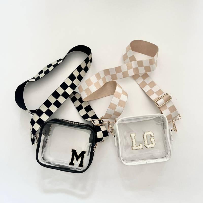 Personalisierte Klare Umhängetasche | Karierte Tasche Schachbrett Bügel Klare Stadiontasche Konzerttasche Chenille Buchstaben Aufnäher von DaisyScottDesigns