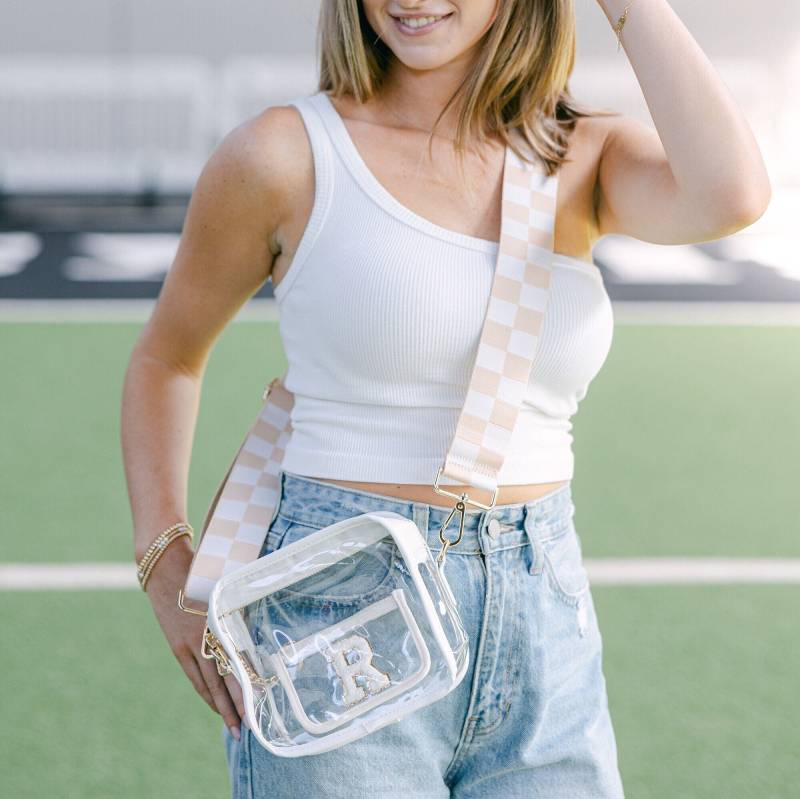 Personalisierte Klare Umhängetasche | Karierte Tasche Schachbrett Bügel Klare Stadiontasche Konzerttasche Chenille Buchstaben Aufnäher von DaisyScottDesigns