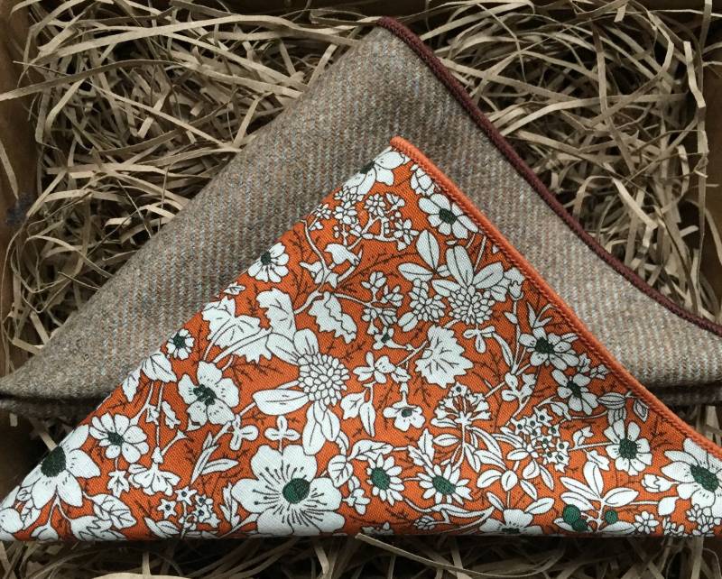 Einstecktuch Set Wolle Orange Floral & Massiv, Herren Taschentücher von DaisyandOakStudio