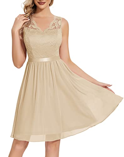 Daisyaner Damen Kurz Abendkleid Elegant Spitzenkleid Ballkleider V-Ausschnitt Brautkleid Cocktailkleid Festliches Kleid Champagne S von Daisyaner