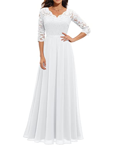 Daisyaner Damen Elegant Maxi Lang Abendkleid mit floraler Spitze V-Ausschnitt Brautjungfernkleider Ballkleid Bodenlang Cocktailkleid Hochzeit Abschlusskleid Weiß XL von Daisyaner