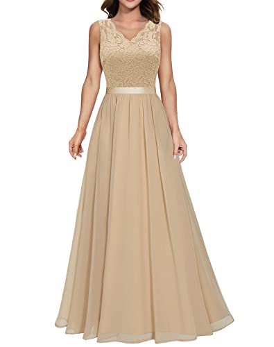 Daisyaner Damen Elegant V-Ausschnitt Maxi Abendkleider Ärmellos Hochzeit Spitzenkleid Cocktailkleid Champagner XL von Daisyaner