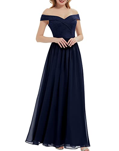 Daisyaner Damen Schulterfrei V-Ausschnitt Abschlussball formelle Kleider Hochzeitskleider Elegant Abend Cocktail Lange Kleider für Party, Marineblau, Mittel von Daisyaner