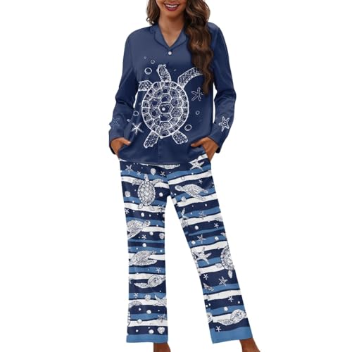 Dajingkj Schlafanzug Damen Lang Bunt Couple Pyjama Set Herren Langearm Zweiteiliger Nachtwäsche mit Knopfleiste Bequemer Oberteil und Pyjamahose Hausanzug von Dajingkj