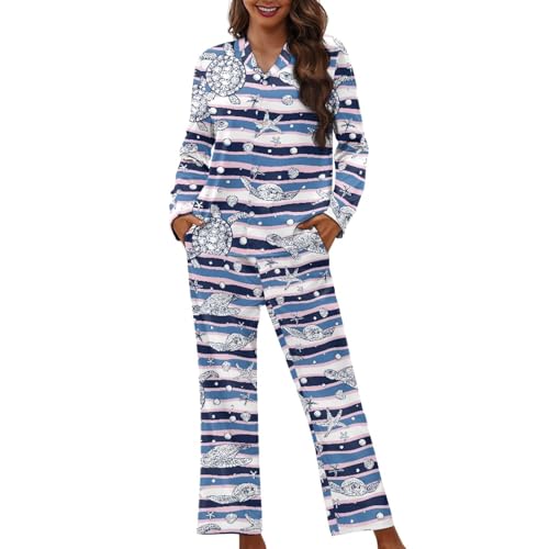 Dajingkj Schlafanzug Damen Lang Bunt Couple Pyjama Set Herren Langearm Zweiteiliger Nachtwäsche mit Knopfleiste Bequemer Oberteil und Pyjamahose Hausanzug von Dajingkj