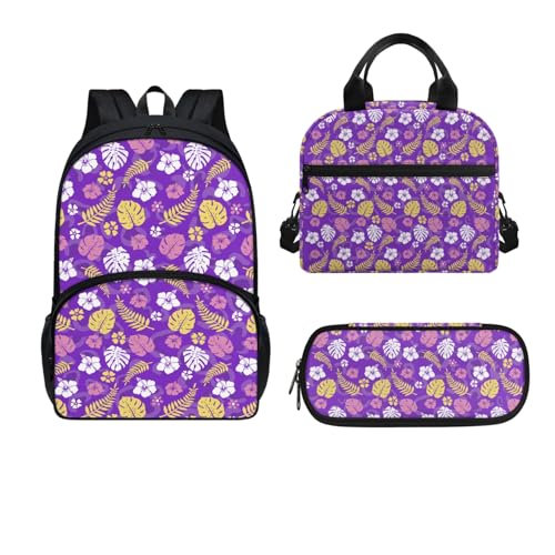 Dajingkj Schulranzen Mädchen ab 1. Klasse Schulranzen Set 3-Teilig mit Federmäppchen Lunchbag Grundschule Jungen Schulrucksack für Kinder Ranzen für Schule Blätter und Blumen von Dajingkj