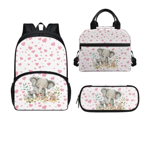 Dajingkj Schulranzen Mädchen ab 5. Klasse Elefant und Liebe Schulranzen Set 3-Teilig mit Federmäppchen Lunchbag Grundschule Jungen Schulrucksack für Kinder Ranzen für Schule von Dajingkj