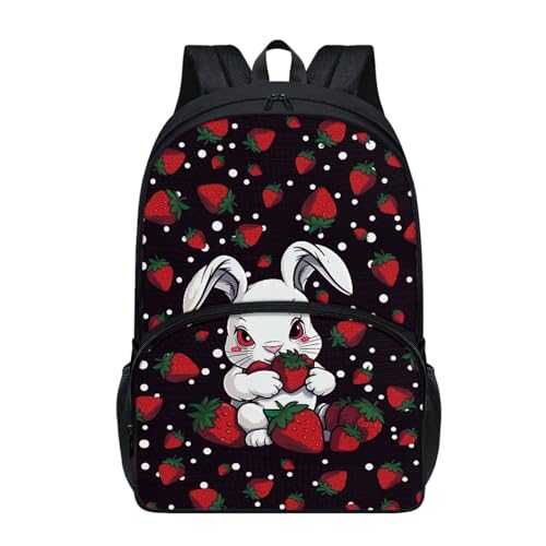 Dajingkj Schulrucksack Teenager Mädchen Jungen Niedliches weißes Kaninchen liebt Erdbeeren Gänseblümchen Schulranzen für Grundschule Mittelschule Rucksack Schule und Reise von Dajingkj