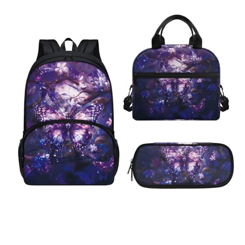 Dajingkj Schulrucksack für Jungen Mädchen Lila Schmetterling Schulranzen Set für Kinder mit Lunchbag und Federmappe Rucksack Büchertasche für Teens für Grundschule Mittelschule von Dajingkj