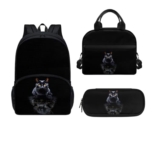 Dajingkj Schulrucksack für Jungen Mädchen Schwarze Katze Schulranzen Set für Kinder mit Lunchbag und Federmappe Rucksack Büchertasche für Teens für Grundschule Mittelschule von Dajingkj