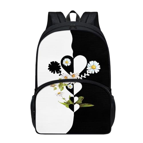 Dajingkj Schulrucksack teenager Mädchen Jungen Gänseblümchen Herz Schwarz und Weiß Patchwork Drucken Schulranzen für Grundschule Mittelschule Rucksack ab 1. Klasse von Dajingkj