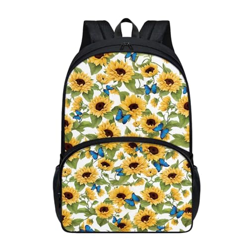 Dajingkj Sonnenblume und Schmetterling Schulranzen Mädchen 17 Inch Groß Niedlich Daypack Grundschule Jungen Schultasche für Kinder Ranzen für Schule und Reise von Dajingkj