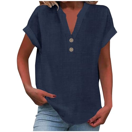 Angebot des Tages Bluse Damen Sommer Tops Baumwolle Leinenbluse Basic V-Ausschnitt Kurzarm T-Shirt Lässiges Musselin Oberteile Button Down Bequemes Shirt Licht Hemdbluse von Dajowake