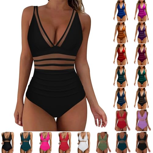 Badeanzug Damen Tiefer V-Ausschnitt Bademode Einteiliger Cut Out Swimsuit mit Cups Bikini Beachwear Neckholder Sheer Mesh Schwimmanzug Sexy Push Up Strandmode Doppelträger Swimwear von Dajowake