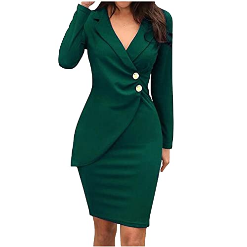 Blazerkleid Damen Kleid Langarm Velvet Winterkleid V Ausschnitt Midi Businesskleider Attraktiver Knielang Schlank Wickelkleid Hüftwickel Bleistiftkleid Einfarbig Bürokleid mit Knöpfe (Armee grün, XL) von Dajowake