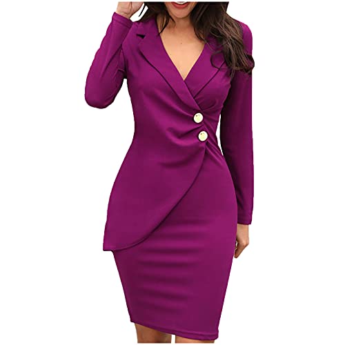 Blazerkleid Damen Kleid Langarm Velvet Winterkleid V Ausschnitt Midi Businesskleider Attraktiver Knielang Schlank Wickelkleid Hüftwickel Bleistiftkleid Einfarbig Bürokleid mit Knöpfe (Lila, L) von Dajowake