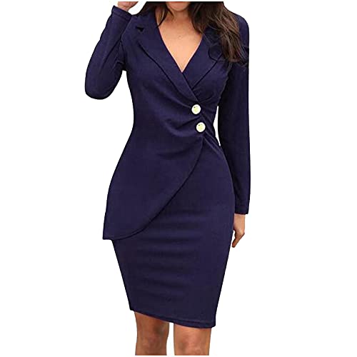 Blazerkleid Damen Kleid Langarm Velvet Winterkleid V Ausschnitt Midi Businesskleider Attraktiver Knielang Schlank Wickelkleid Hüftwickel Bleistiftkleid Einfarbig Bürokleid mit Knöpfe (Marine, L) von Dajowake