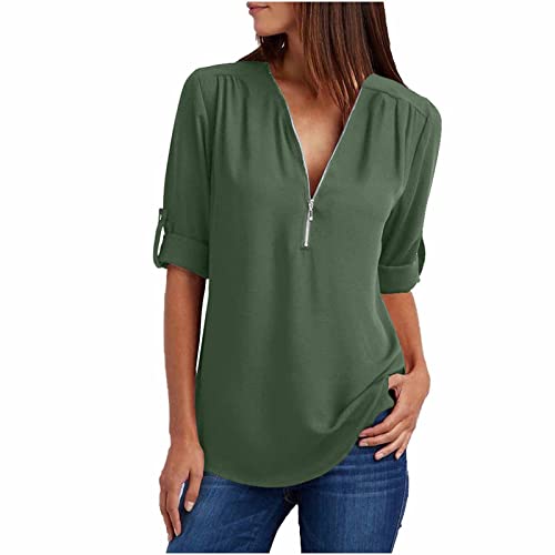 Bluse Damen Elegant 3/4 Ärmel Tshirt Tunika Tops V-Ausschnitt Leicht Chiffon Langarmshirt Locker Lässige Hemd Bequemes Mode Longbluse Oberteile Einfarbig Sommershirts von Dajowake