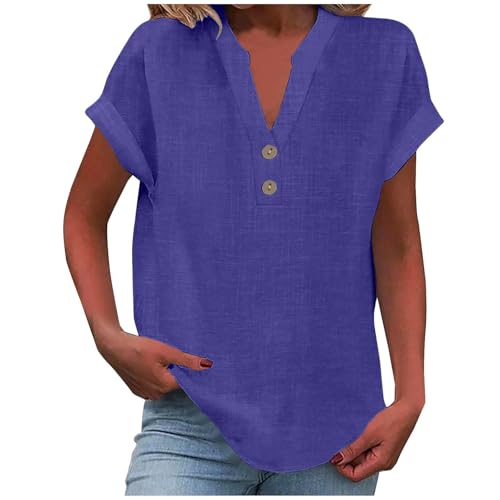 Bluse Damen Sommer Tops Baumwolle Leinenbluse Basic V-Ausschnitt Kurzarm T-Shirt Lässiges Musselin Oberteile Button Down Bequemes Sexy Shirt Modisch Licht Hemdbluse Tunika Top von Dajowake