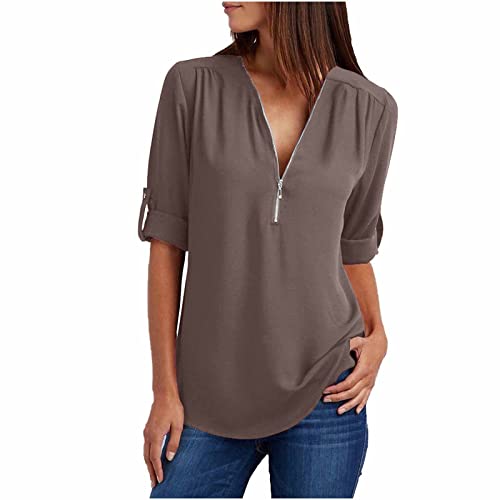 Chiffon Bluse Damen Elegant Langarmshirt V-Ausschnitt Tunika Half Zip Longbluse Große Größen Tops 3/4 Ärmel Tshirt Leichte Oberteile Locker Shirt Einfarbig T-Shirts für Frauen Saum Pulli von Dajowake