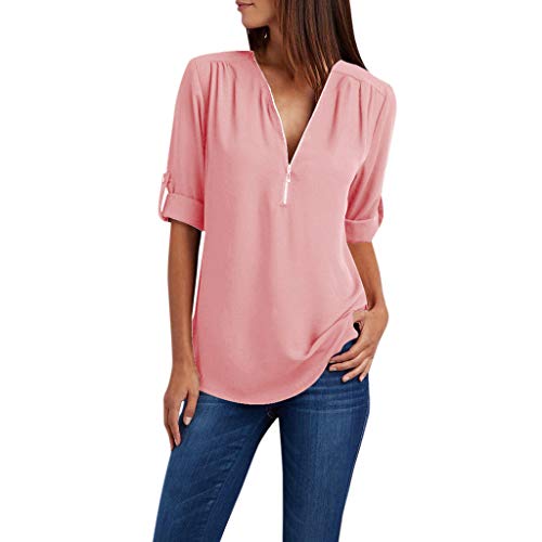 Chiffon Bluse Damen Elegant Langarmshirt V-Ausschnitt Tunika Half Zip Longbluse Große Größen Tops 3/4 Ärmel Tshirt Leichte Oberteile Locker Shirt Einfarbig T-Shirts für Frauen Saum Pulli von Dajowake