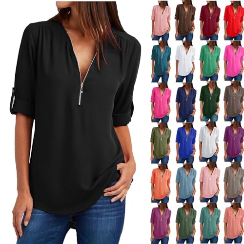 Chiffon Bluse Damen Elegant Langarmshirt V-Ausschnitt Tunika Half Zip Longbluse Große Größen Tops 3/4 Ärmel Tshirt Leichte Oberteile Locker Shirt Einfarbig T-Shirts für Frauen Saum Pulli von Dajowake