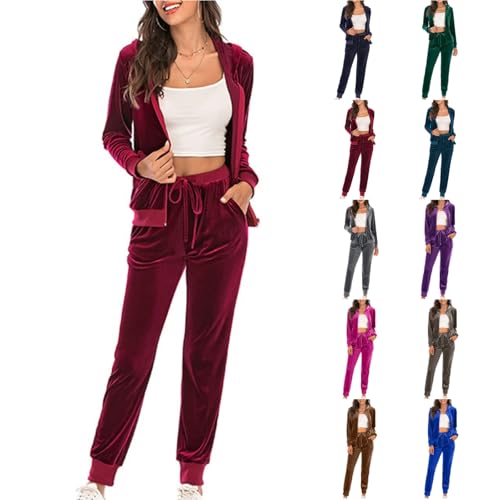 Dajowake Damen Jogginganzug 2-Teilig Trainingsanzug Goldener Samt Jogging Set Sportlich Fitness Sweatsuits Zweiteiliger Freizeitanzug Einfarbig Elegant Sportanzug Langarm Freizeit Loungewear von Dajowake