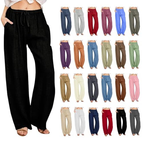 Dajowake Damen Leinenhose Lang Leicht Sommerhose Weitem Bein Bundfaltenhose Mode Einfarbig Freizeithose Oversized Locker Luftige Hose Musselin Yogahose Baumwolle Leinen Schnürhose Sporthose von Dajowake