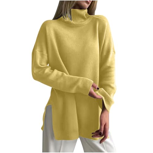 Dajowake Damen Rollkragenpullover Winter Langarm Rollkragen Pullover Frauen Warm Weich Sweater Einfarbig Wollpullover Elegant Locker Longpullover mit Schlitz Strickpulli Grobstrick Strickpullover von Dajowake
