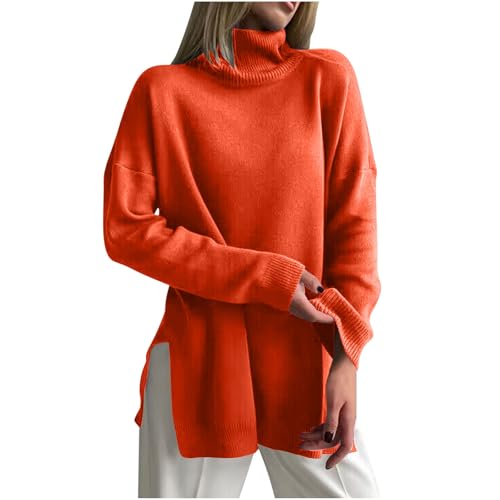 Dajowake Damen Rollkragenpullover Winter Langarm Rollkragen Pullover Frauen Warm Weich Sweater Einfarbig Wollpullover Elegant Locker Longpullover mit Schlitz Strickpulli Grobstrick Strickpullover von Dajowake