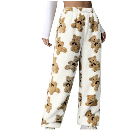 Dajowake Damen Schlafhose Bären Doppelseitiges Plüsch Hosen Warm Bequeme Pyjama Hose Straight Bein Schlafanzughose Elastische Taille Trousers Locker Casual Thermohose Soft Freizeithose mit Taschen von Dajowake