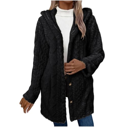 Dajowake Damen Winterjacke Warm Fleecejacke Teddyjacke Jacke mit Kapuze Mantel Hoodie Oversize Wintermantel Übergangsjacke Autumns Winter Kapuzenpullover Einfarbig Plüschjacke Knöpfe strickjacke von Dajowake
