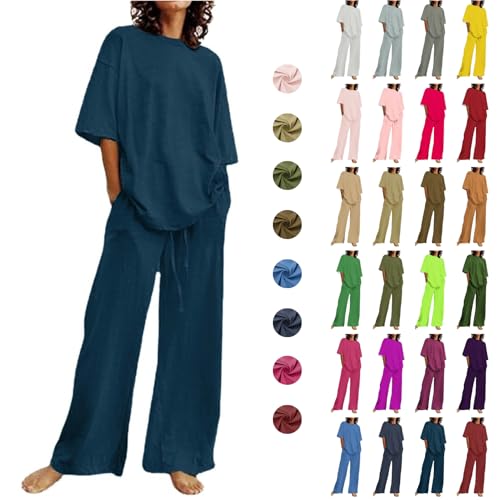 Dajowake Damen Zweiteilige Outfits Lässiges Sommer Leinenbluse und Hose 2-Teilige Rundhals Freizeitanzug Kurzarm Oberteile Baumwolle Leinen Homewear Set mit Kordelzug Sportanzug Leicht Loungewear von Dajowake