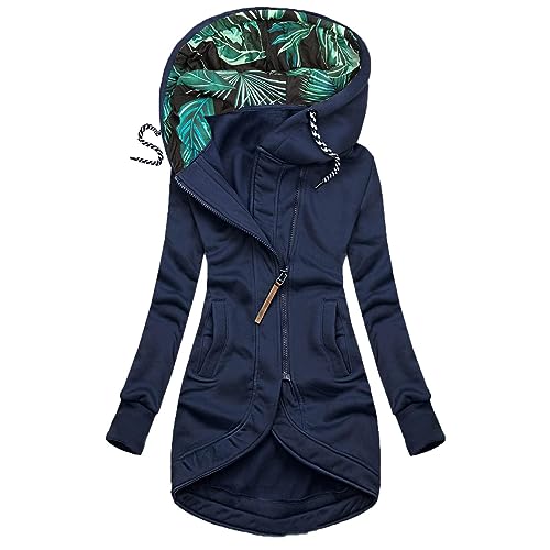 Dajowake Kapuzenjack Damen Stempelsteuer Sweatjacke Baumwolle Hoodie Lange Ärmel Übergangsjackee mit Kapuze Kapuzenpullover Casual Passform winterjacke Reißverschluss Outwear warme Mantel (L, Navy) von Dajowake