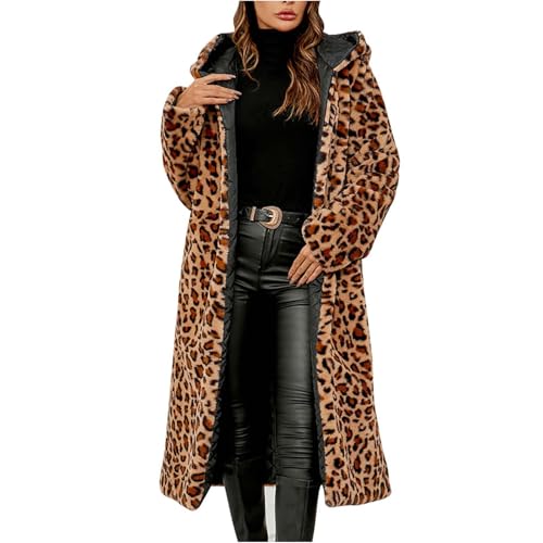 Dajowake Kunstpelz Mantel Lang Damen Pelzmantel Oversized Kunstfell Mantel mit Kapuze Leopard Druck Pelzjacke Langarm Winter Felljacke Winter Mode Kunstfelljacke Thermo Elegant Kapuzenjacke von Dajowake