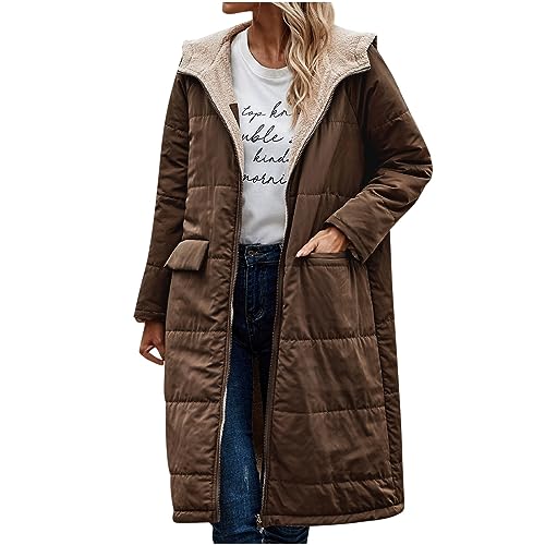 Dajowake Lange Damen Winterjacke Locker Langarm Jacke mit Kapuze Outdoorjacke Warm Wintermantel Einfarbig Bequeme Fleecejacke ReißVerschluss Hoodies Übergangsjacke Oversize Thermo Mantel von Dajowake