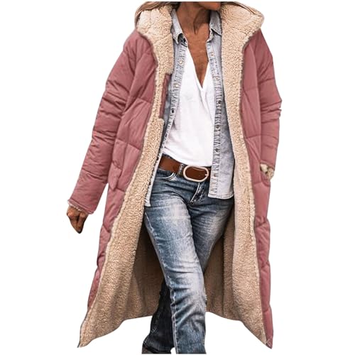 Dajowake Lange Damen Winterjacke Locker Langarm Jacke mit Kapuze Outdoorjacke Warm Wintermantel Einfarbig Bequeme Fleecejacke ReißVerschluss Hoodies Übergangsjacke Oversize Thermo Mantel von Dajowake