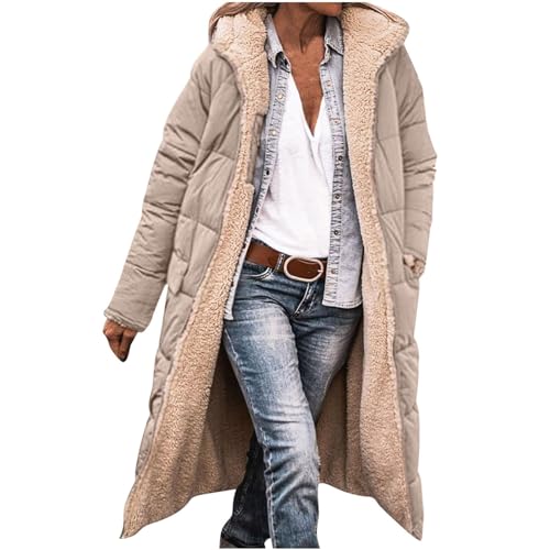 Dajowake Lange Damen Winterjacke Locker Langarm Jacke mit Kapuze Outdoorjacke Warm Wintermantel Einfarbig Bequeme Fleecejacke ReißVerschluss Hoodies Übergangsjacke Oversize Thermo Mantel von Dajowake