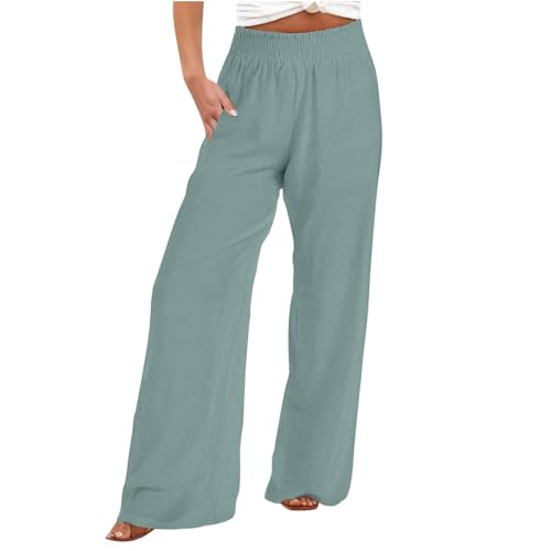 Dajowake Leinenhose Damen Leichte Sommerhose Leinen Baumwolle Freizeithose Lange Gerades Bein Hose Hohe Taille Marlenehose Elastischer Bund Stoffhose Sommer Musselin Hose mit Taschen Strandhose von Dajowake