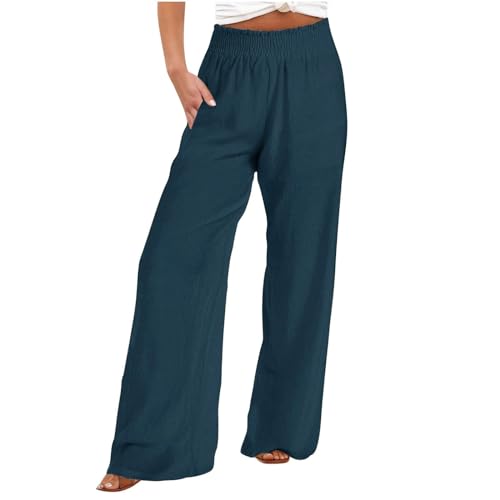 Dajowake Leinenhose Damen Leichte Sommerhose Leinen Baumwolle Freizeithose Lange Gerades Bein Hose Hohe Taille Marlenehose Elastischer Bund Stoffhose Sommer Musselin Hose mit Taschen Strandhose von Dajowake