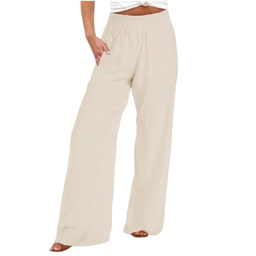 Dajowake Leinenhose Damen Leichte Sommerhose Leinen Baumwolle Freizeithose Lange Gerades Bein Hose Hohe Taille Marlenehose Elastischer Bund Stoffhose Sommer Musselin Hose mit Taschen Strandhose von Dajowake