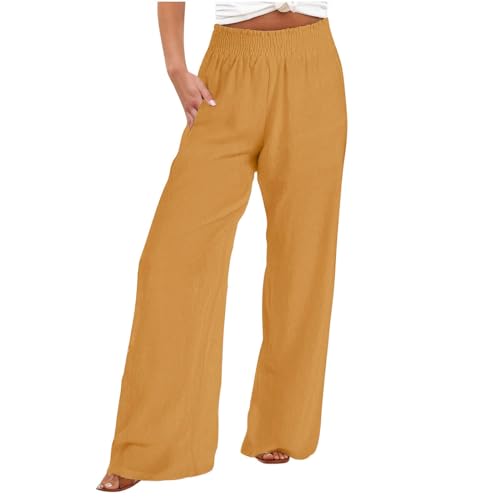 Dajowake Leinenhose Damen Leichte Sommerhose Leinen Baumwolle Freizeithose Lange Gerades Bein Hose Hohe Taille Marlenehose Elastischer Bund Stoffhose Sommer Musselin Hose mit Taschen Strandhose von Dajowake