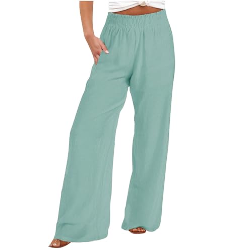 Dajowake Leinenhose Damen Leichte Sommerhose Leinen Baumwolle Freizeithose Lange Gerades Bein Hose Hohe Taille Marlenehose Elastischer Bund Stoffhose Sommer Musselin Hose mit Taschen Strandhose von Dajowake