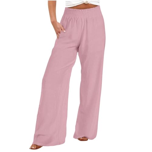 Dajowake Leinenhose Damen Leichte Sommerhose Leinen Baumwolle Freizeithose Lange Gerades Bein Hose Hohe Taille Marlenehose Elastischer Bund Stoffhose Sommer Musselin Hose mit Taschen Strandhose von Dajowake
