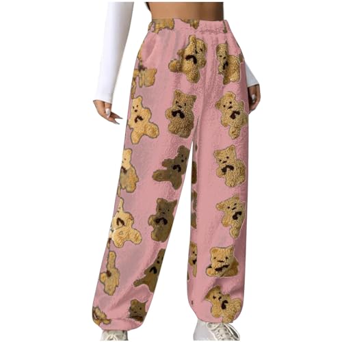Dajowake Pyjama Hose Damen Teddy Fleece Jogginghose Lange Baumwolle Schlafhose Süße Bär Printer Hosen Flanell Fleece Pyjamahose High Waist Schlafanzughose Baggy Bequeme Thermohose Schlabberhose von Dajowake