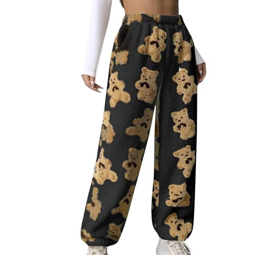 Dajowake Pyjama Hose Damen Teddy Fleece Jogginghose Lange Baumwolle Schlafhose Süße Bär Printer Hosen Flanell Fleece Pyjamahose High Waist Schlafanzughose Baggy Bequeme Thermohose Schlabberhose von Dajowake