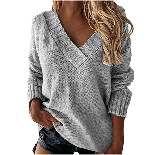 Dajowake Strickpullover Damen V-Ausschnitt Pullover Winter Sweater Grobstrick Sweatshirt Elegant Oberteile Einfarbig Winterpullover Große Größen Langarmshirt Locker Pulli Langarm Longpullover von Dajowake