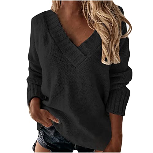 Dajowake Strickpullover Damen V-Ausschnitt Pullover Winter Sweater Grobstrick Sweatshirt Elegant Oberteile Einfarbig Winterpullover Große Größen Langarmshirt Locker Pulli Langarm Longpullover von Dajowake