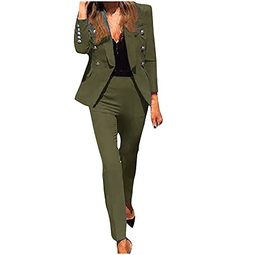 Damen Blazer Anzug Set Elegante Hosenanzüge für Frauen Einfarbig 2-Teilige Outfits Knöpfe Business Frauenanzug Sportlich Langarm Freizeitanzug Hoher Taille Zweiteiler Hosenanzug von Dajowake